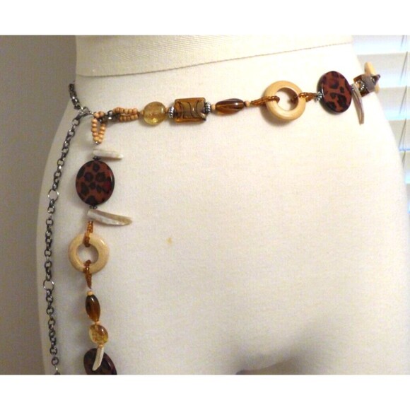 Beaded Belt Glass Acrylic Wood Chain Link Adjustable Silver Tone Leopard Vintage main image 9